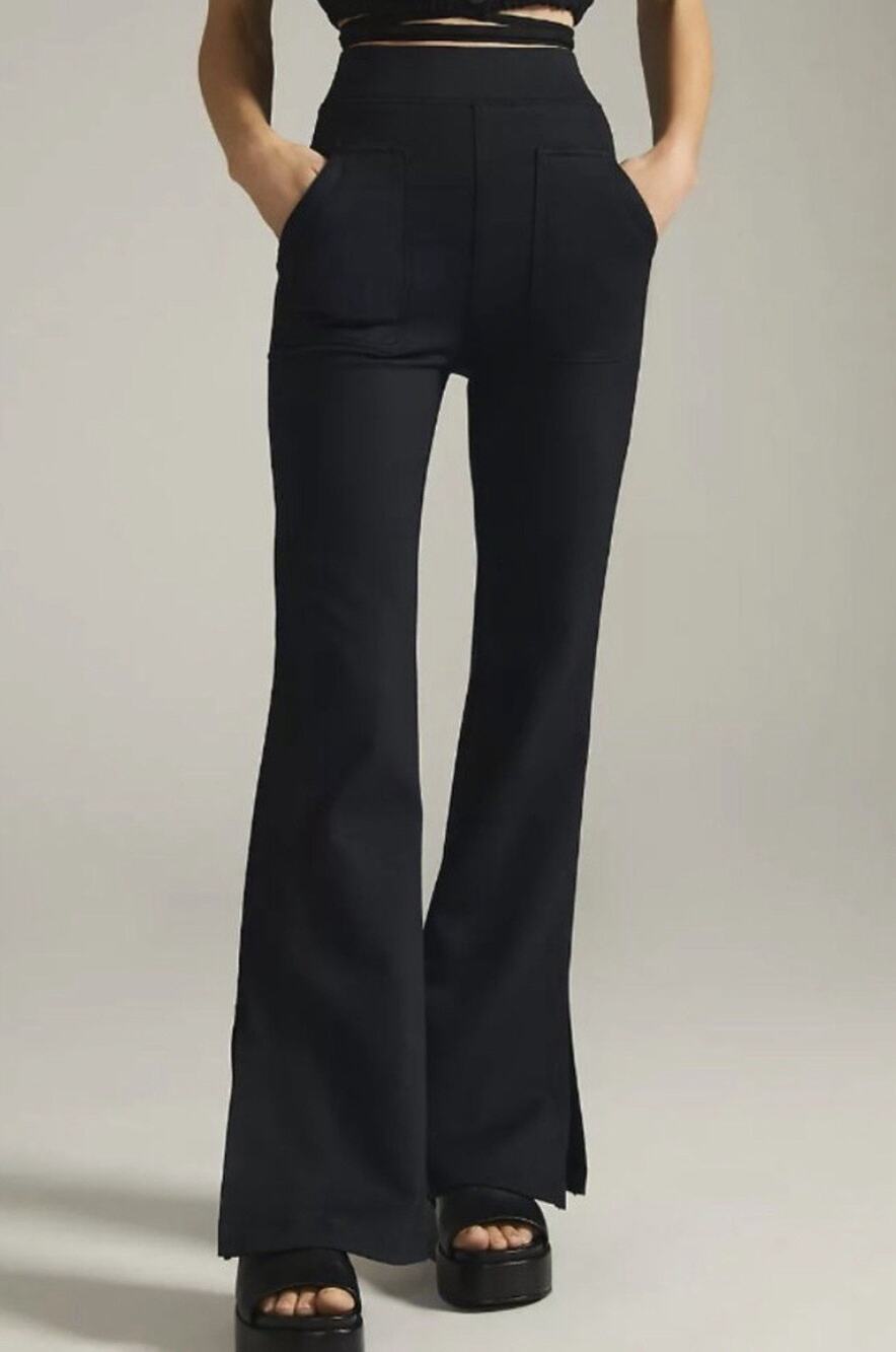 Maeve Anthropologie Eve Pants Flare Leg •M• Ponte Knit Black Slit Hem Pull On